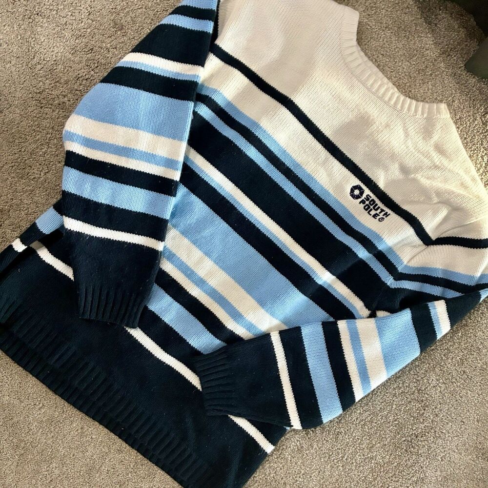 VTG 90s Southpole Sweater Acrylic White Blue Hip Hop y2k Skater Preppy Size L